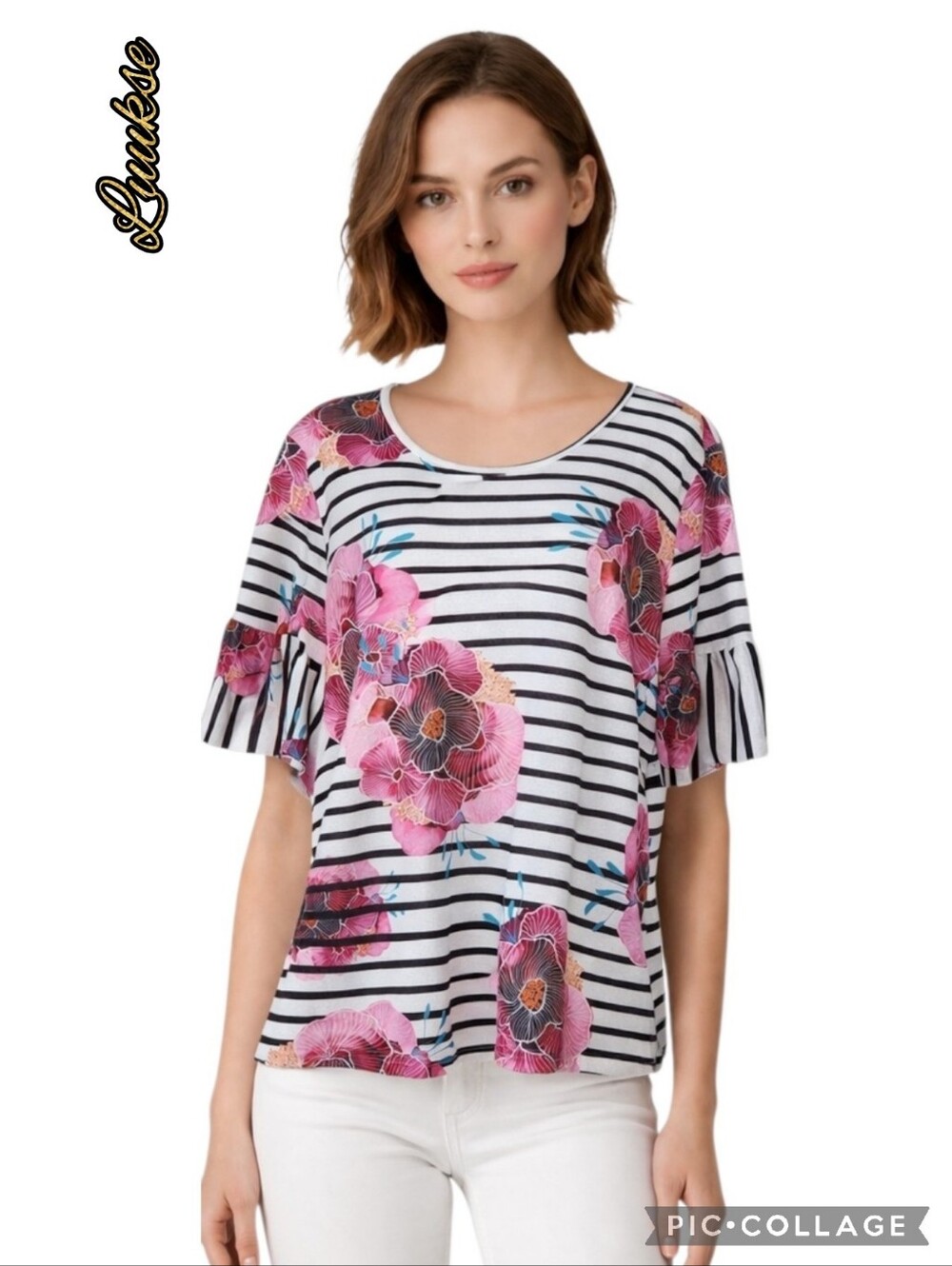 Luukse top tropical floral striped bell sleeve size 2x plus